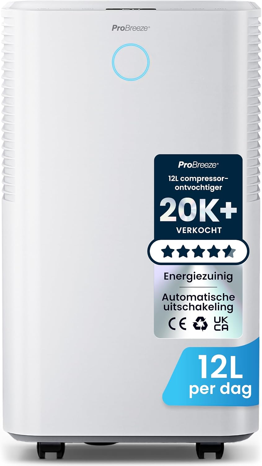 Pro Breeze Luchtontvochtiger 12 L/Dag, Automatische Vochtigheidssensor – 24, Was drogen en Slaapstand – 2L Watertank en Doorlopende Afvoer, Uurs Timer