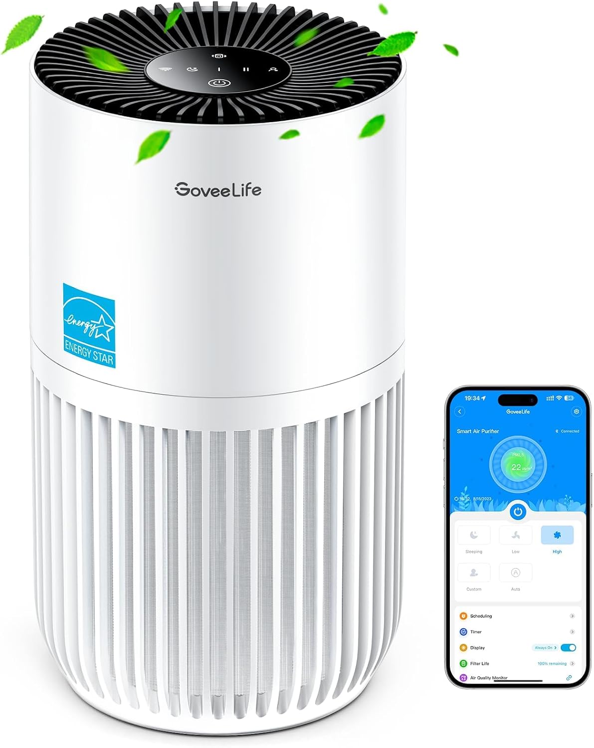 GoveeLife Luchtreiniger HEPA Smart Filter, met 3 snelheden, 2 modi, met App Alexa Control, timer, voor huisdierenhaar, geuren, pollen, rook, aroma