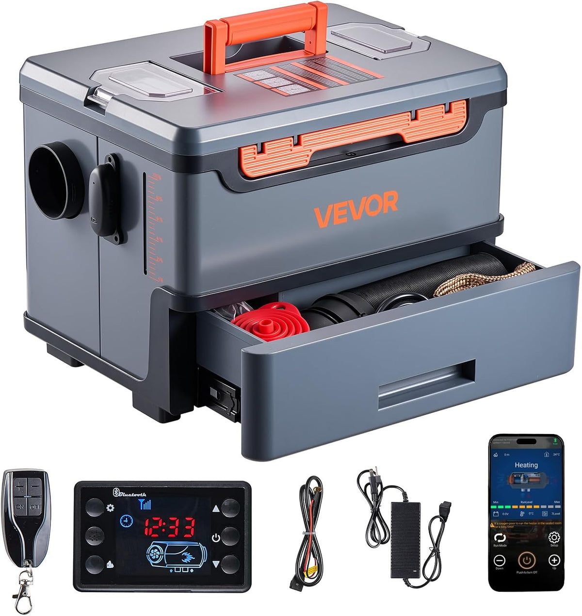 Vevor Fornuiz Dieselverwarming, 8 kW, 5 l brandstoftank, 425 x 320 x 310 mm, met bluetooth-bediening, afstandsbediening en lcd-display, draagbaar