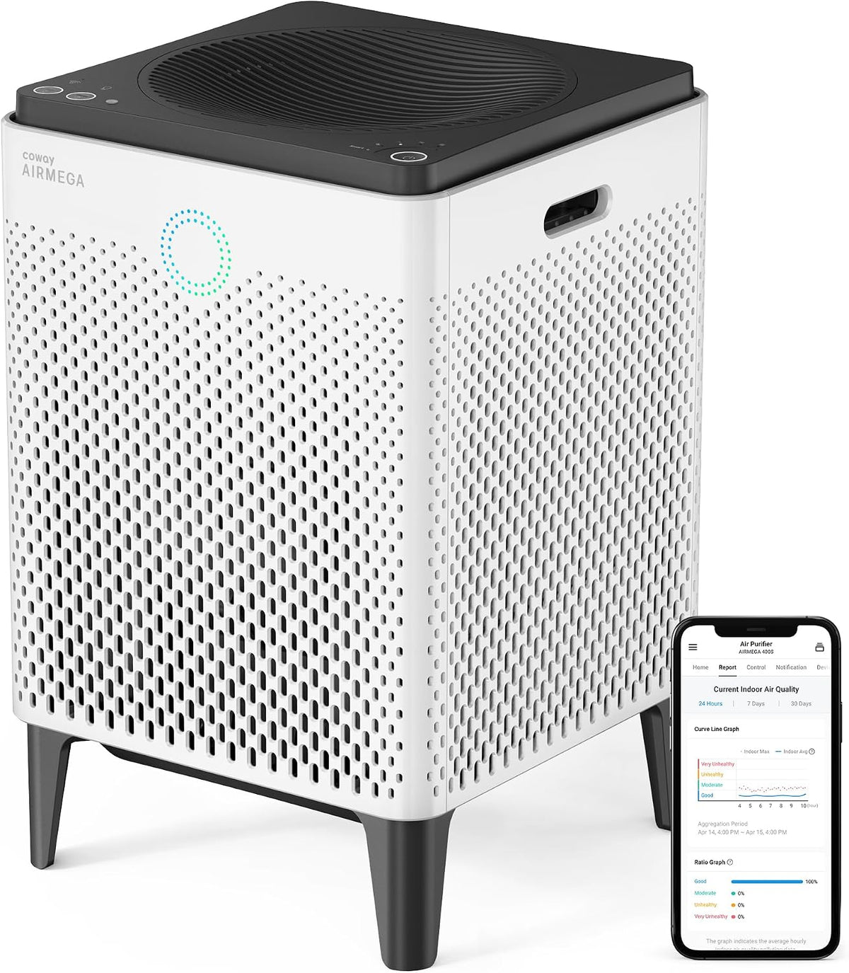 Luchtreiniger Coway Airmega 400S: slimme, wit (111012), voor 145 m2), met app-bediening (geschikt, True HEPA-luchtreiniger, compatibel