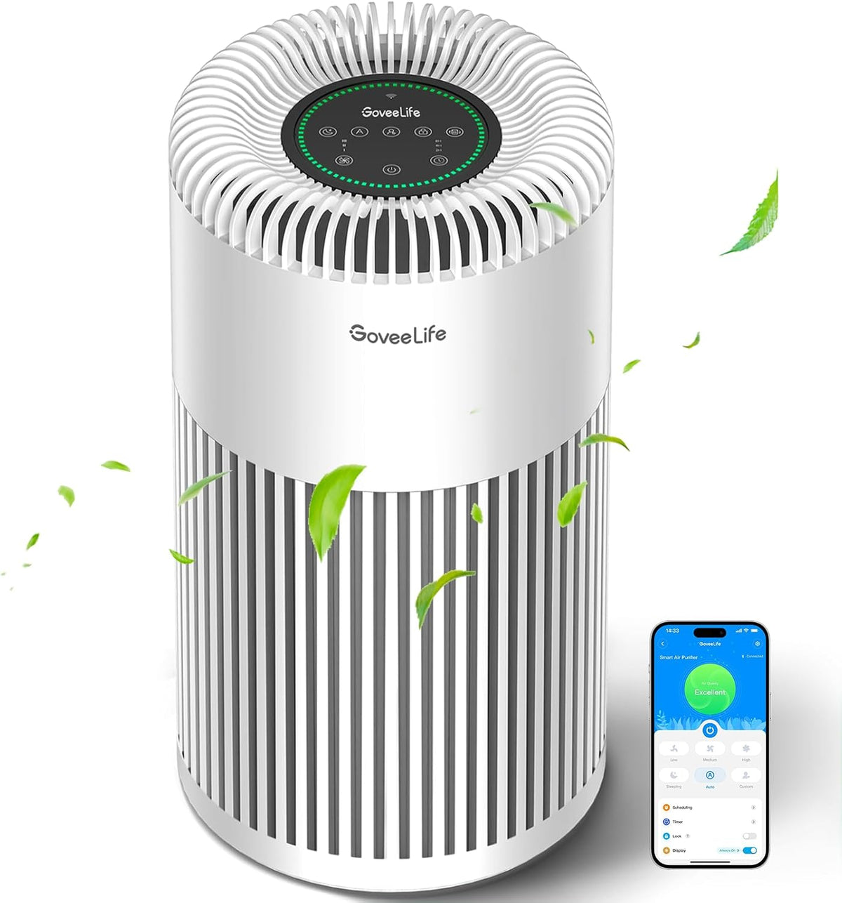 Proaustin Luchtreiniger Slimme, 24 dB, grote kamer tot 1524 m2, geïntegreerde PM 2,5 luchtkwaliteitssensor, wifi, wit, voor thuis, met wasbaar filter