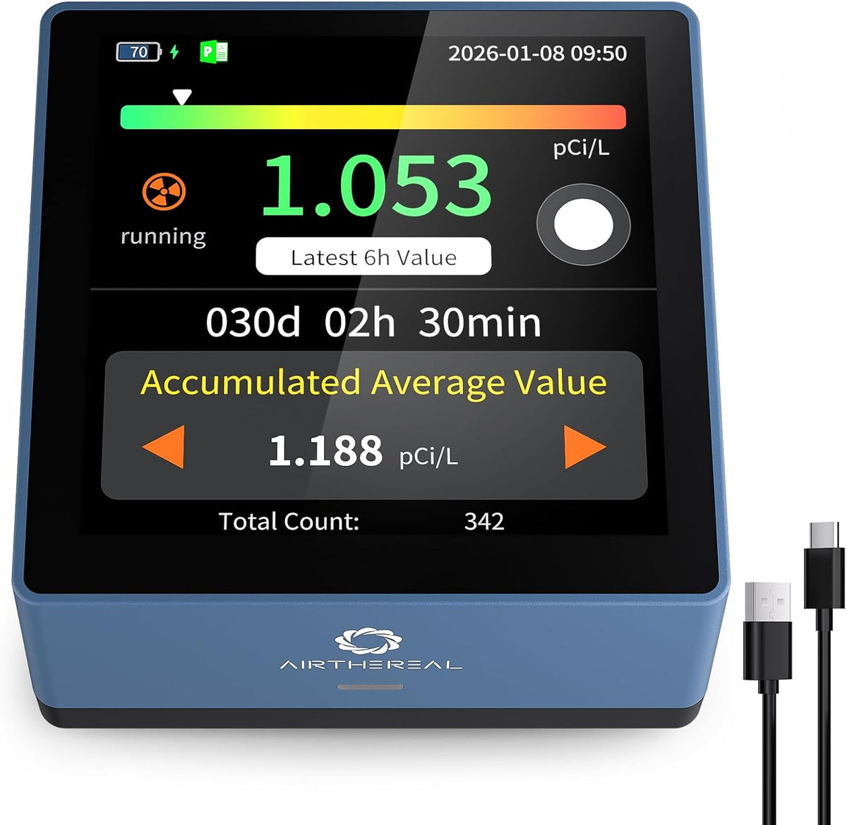 Airthereal Gasdetector Radondetector, 3,4 inch touchscreen, 10 minuten updates, blauw, voor thuis, hoorbare en visuele alarmen, langdurige bewaking