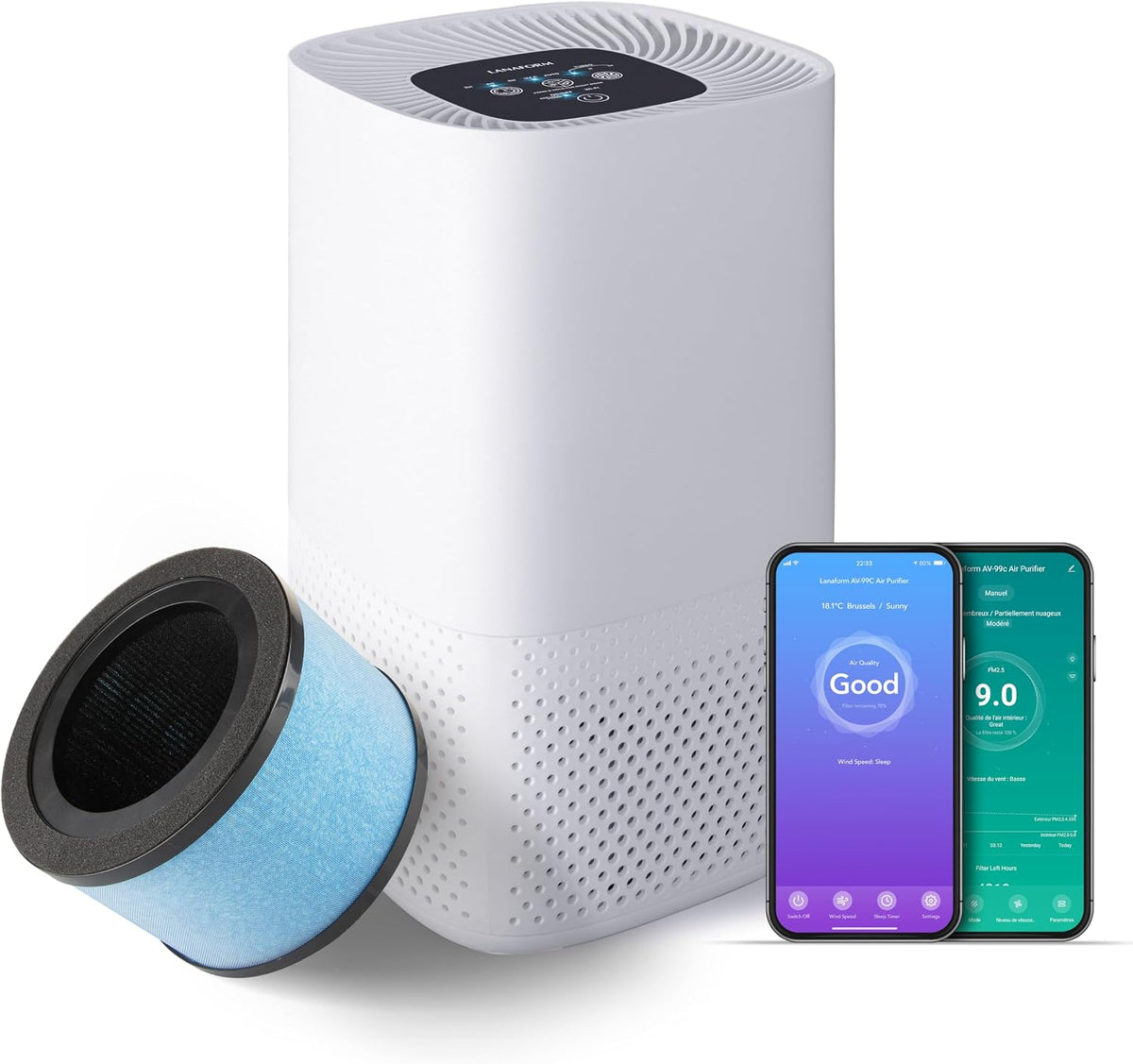 Luchtreiniger Lanaform AV-99C, HEPA H13 Luchtreiniger, PM2.5 Sensor Tegen Fijnstof, Slimme Luchtreiniger, Actieve Koolstoffilter, Voor Pollenallergie