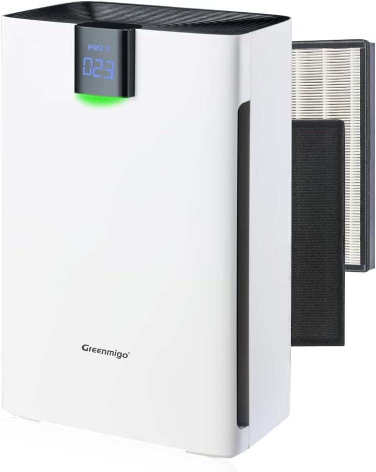 Greenmigo Luchtreiniger 3-in-1 Voorfilter, CADR 320m3/u, 99.97% Filterprestaties Vang Rook, True HEPA Filter, geactiveerd Koolstoffilter, Stof