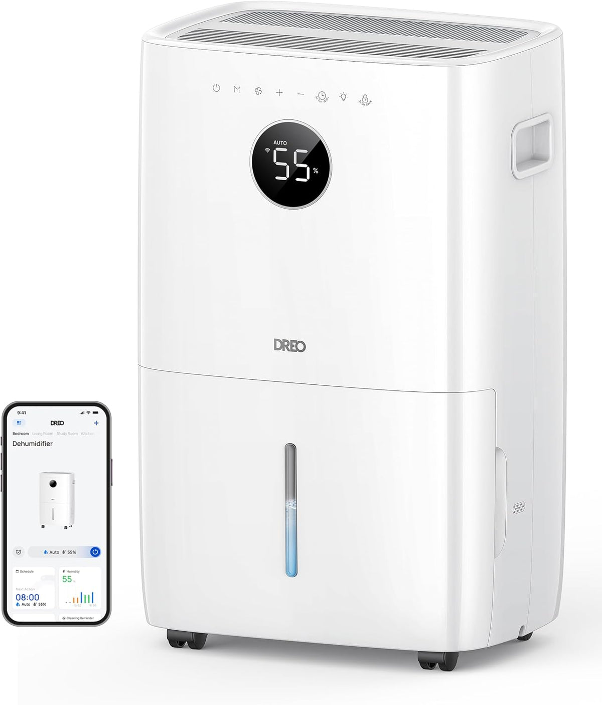 Luchtontvochtiger DREO Slimme van 110 pint, 4500 ft2, watertank van 2 gallon, voor kelder, voor grote ruimte, voor thuis, slaapkamer, badkamer