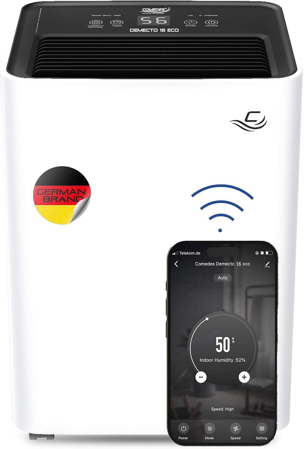 Comedes Luchtontvochtiger Demecto 16 eco WiFi - krachtige (maximaal 16 liter/24 uur, voor ruimtes tot 65 m2/150 m3, geschikt, te bedienen via een app