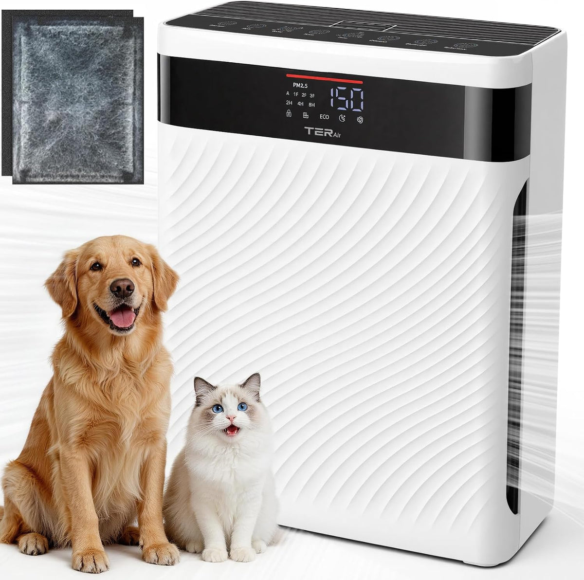 TER Air Luchtreiniger, H13 HEPA & wasbaar filter, PM2.5-sensor Smart Auto-modus, voor thuis, met huisdieren, helpt dierenhaar, huidschilfers