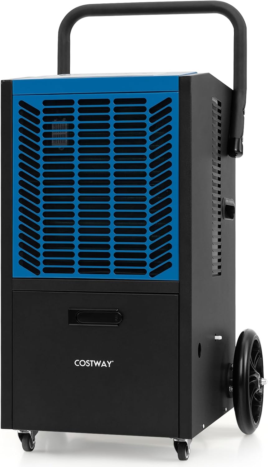 Costway Luchtontvochtiger, 66 l/dag, met 24-uurs timer en 4 wielen, bouwplaats (blauw), bouwdroger, met pomp en afvoerslang, industrieel droogapparaat